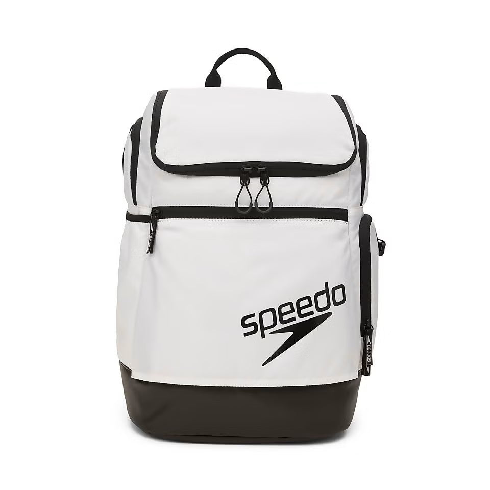 Speedo Teamster 2.0 Swim Backpack - A white backpack with black trim and a zippered front pocket, featuring a handle on top and adjustable shoulder straps.