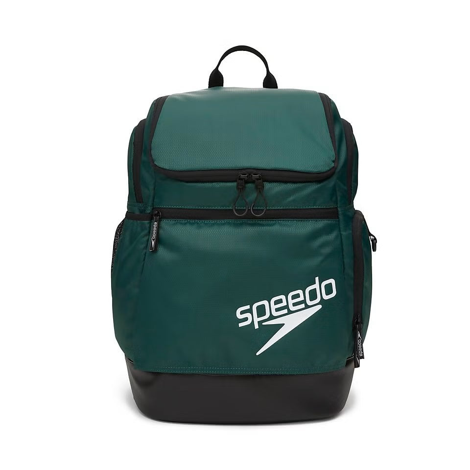 Speedo Teamster 2.0 Swim Backpack - A dark green backpack with a zippered main compartment and two side pockets, featuring a black handle and shoulder straps.