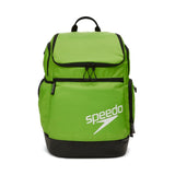 Speedo Teamster 2.0 Swim Backpack - A lime green backpack with black trim and straps, featuring a zippered front pocket and mesh side pockets.