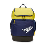 Speedo Teamster 2.0 Swim Backpack - A navy blue backpack with a yellow zipper and black trim, featuring a mesh pocket on the side.