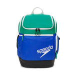 Speedo Teamster 2.0 Swim Backpack - A blue backpack with a white logo and black straps, featuring a zippered pocket on the front.