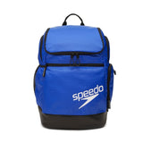 Speedo Teamster 2.0 Swim Backpack - A blue backpack with a zippered front pocket and black trim, featuring the brand's logo in white on the front.