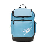 Speedo Teamster 2.0 Swim Backpack - A light blue backpack with a zippered main compartment and two side pockets, featuring black trim and straps.