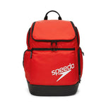 Speedo Teamster 2.0 Swim Backpack - A red backpack with a zippered main compartment and two side pockets, featuring black trim and straps.