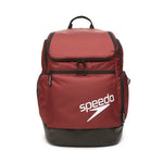 Speedo Teamster 2.0 Swim Backpack - A red backpack with a zippered main compartment and two side pockets, featuring black trim and straps.