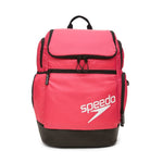 Speedo Teamster 2.0 Swim Backpack - A pink backpack with a zippered main compartment and two side pockets, featuring black trim and straps.