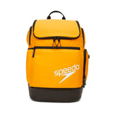 Speedo Teamster 2.0 Swim Backpack - A yellow backpack with a zippered main compartment and two side pockets, featuring black trim and straps.