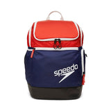 Speedo Teamster 2.0 Swim Backpack - A navy blue backpack with a white logo and red accents, featuring a zippered pocket on the front.