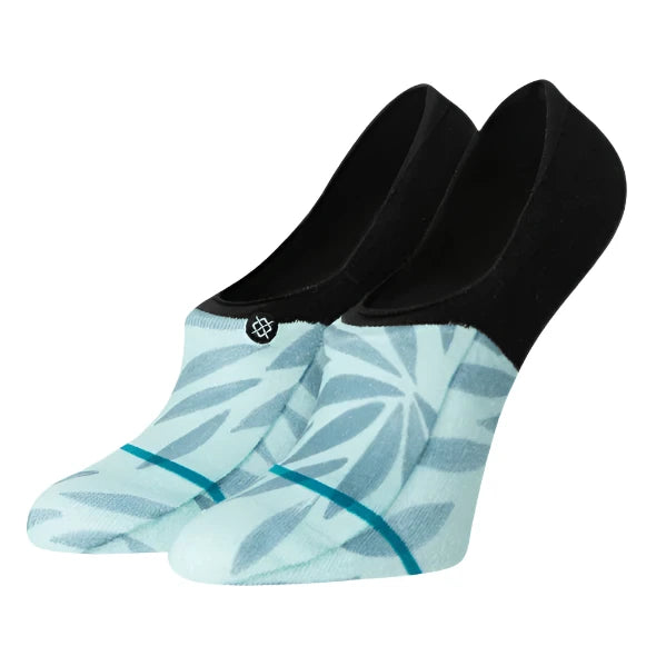 Stance Women's Meave No Show Sock 2024 - A pair of light blue ankle socks with a grey floral pattern and teal stripe, featuring a small white logo on the top edge.