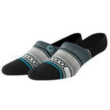 Stance Baron No Show Sock 2024 - A pair of no-show socks with a blue and white striped pattern on top, featuring a small circular logo in the center.