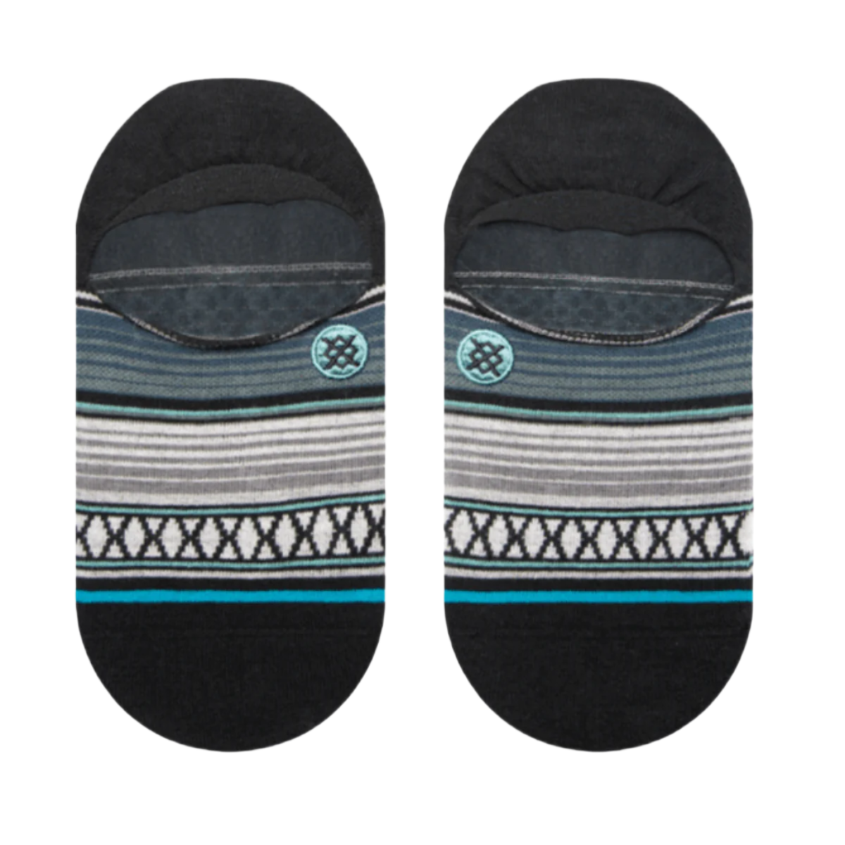 Stance Baron No Show Sock 2024 - A pair of no-show socks with a blue and white striped pattern, featuring a small circular logo in light blue on the top band.