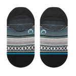 Stance Baron No Show Sock 2024 - A pair of no-show socks with a blue and white striped pattern, featuring a small circular logo in light blue on the top band.