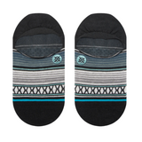 Stance Baron No Show Sock 2024 - A pair of no-show socks with a blue and white striped pattern, featuring a small circular logo in light blue on the top band.
