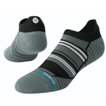 Ninedys Tab Sock 2024 - A pair of gray socks with a blue stripe at the top and a white logo on the heel.