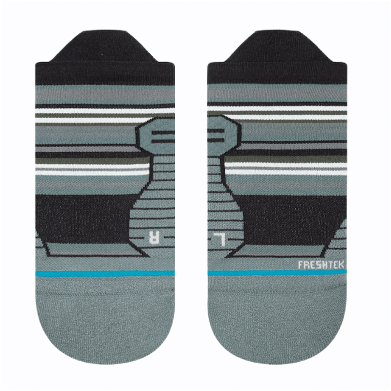 Ninedys Tab Sock 2024 - A pair of gray socks with a blue stripe at the top and a white logo on the foot.