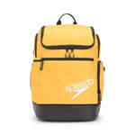 Speedo Teamster 2.0 Swim Backpack - A yellow swim backpack with black trim and a zippered pocket on top, featuring a handle at the top and two side pockets.