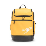Speedo Teamster 2.0 Swim Backpack - A yellow swim backpack with black trim and a zippered pocket on top, featuring a handle at the top and two side pockets.