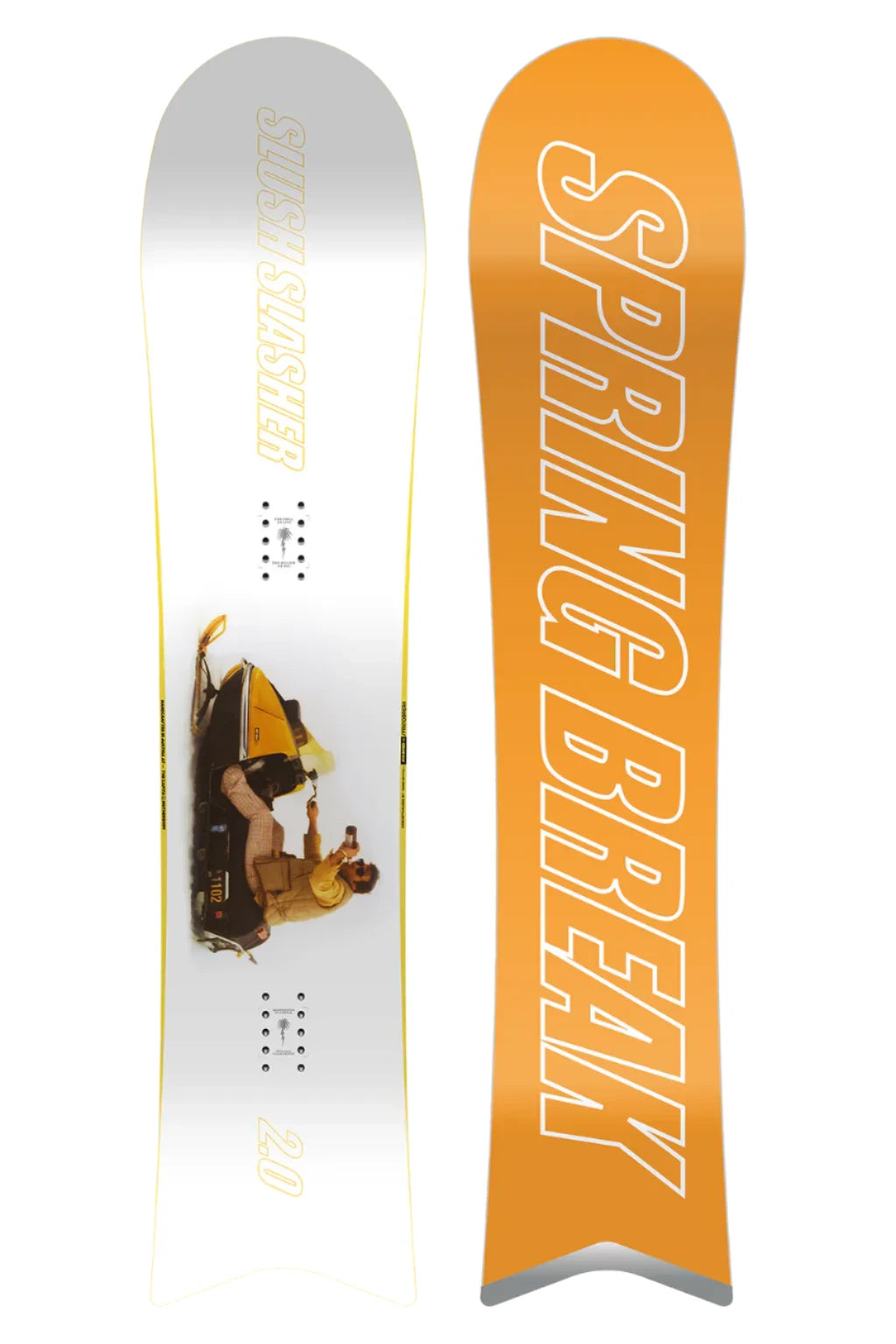 CAPiTA Spring Break Slush Slasher 2.0 Snowboard 2025 - A white snowboard with a yellow and black graphic of a man riding it upside down, on a gray background.