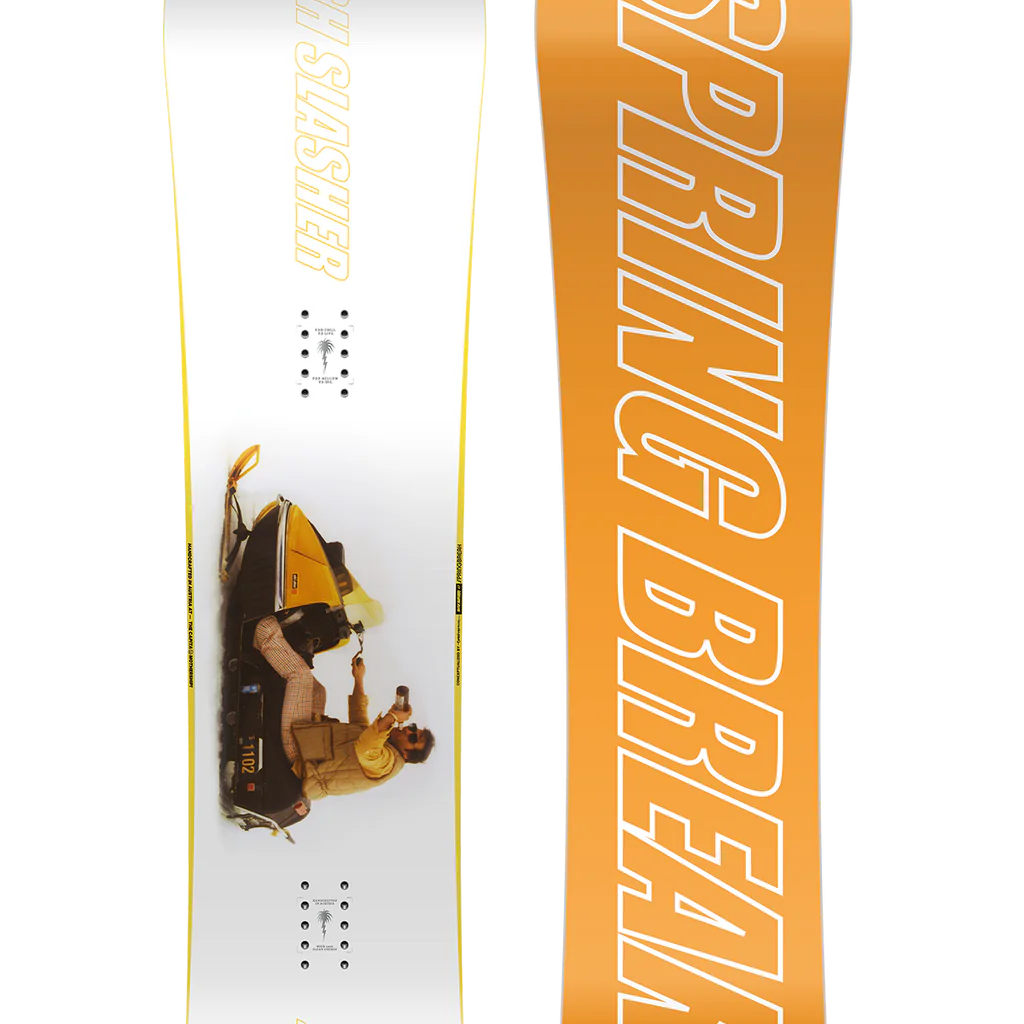 CAPiTA Spring Break Slush Slasher 2.0 Snowboard 2025 - A snowboard with a white base and yellow lettering, featuring a photo of a man riding it on the top side.