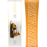 CAPiTA Spring Break Slush Slasher 2.0 Snowboard 2025 - A snowboard with a white base and yellow lettering, featuring a photo of a man riding it on the top side.