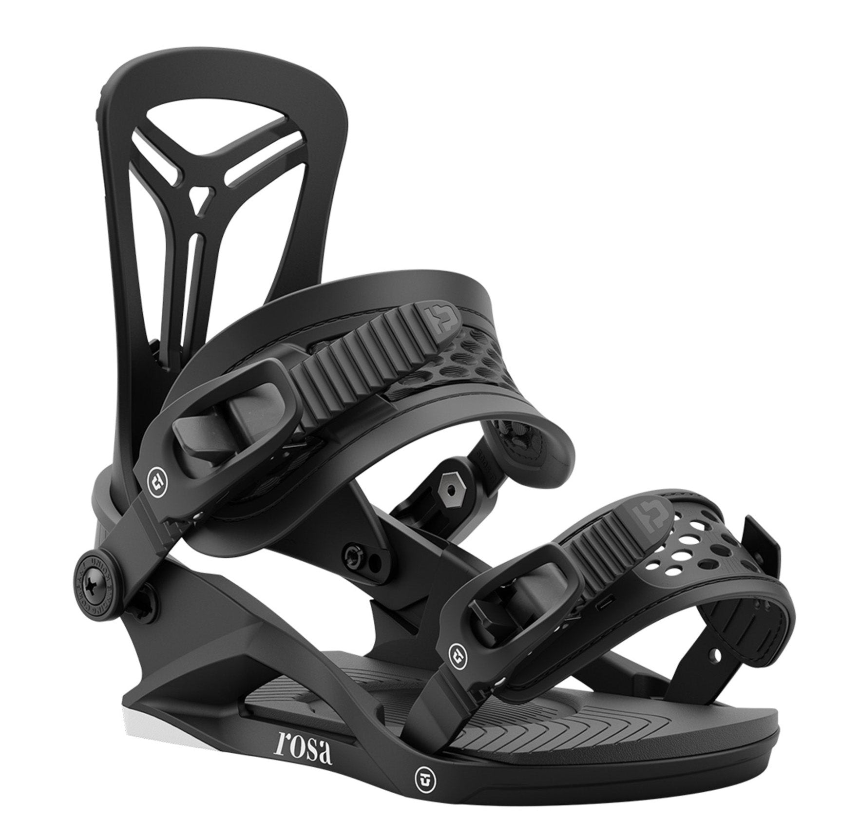 Union Women's Rosa Snowboard Bindings - Black bindings with a textured strap and a circular logo on the high-top strap buckle.