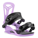 Union Women's Rosa Snowboard Bindings - A pair of snowboard bindings with a light purple baseplate and black straps, featuring a distinctive "U" logo on the strap buckles.