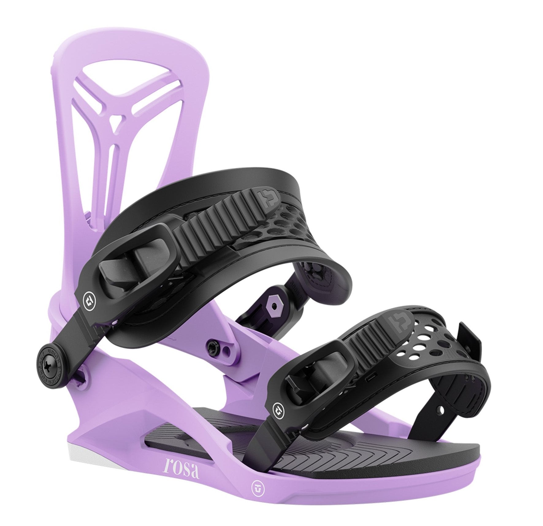 Union Women's Rosa Snowboard Bindings - A pair of snowboard bindings with a light purple baseplate and black straps, featuring a distinctive "U" logo on the strap buckles.