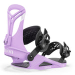 Union Women's Rosa Snowboard Bindings - A pair of snowboard bindings with a light purple base and black straps, featuring a distinctive "U" logo on the strap buckles.