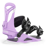 Union Women's Rosa Snowboard Bindings - A pair of snowboard bindings with a light purple base and black straps, featuring a distinctive "U" logo on the strap buckles.