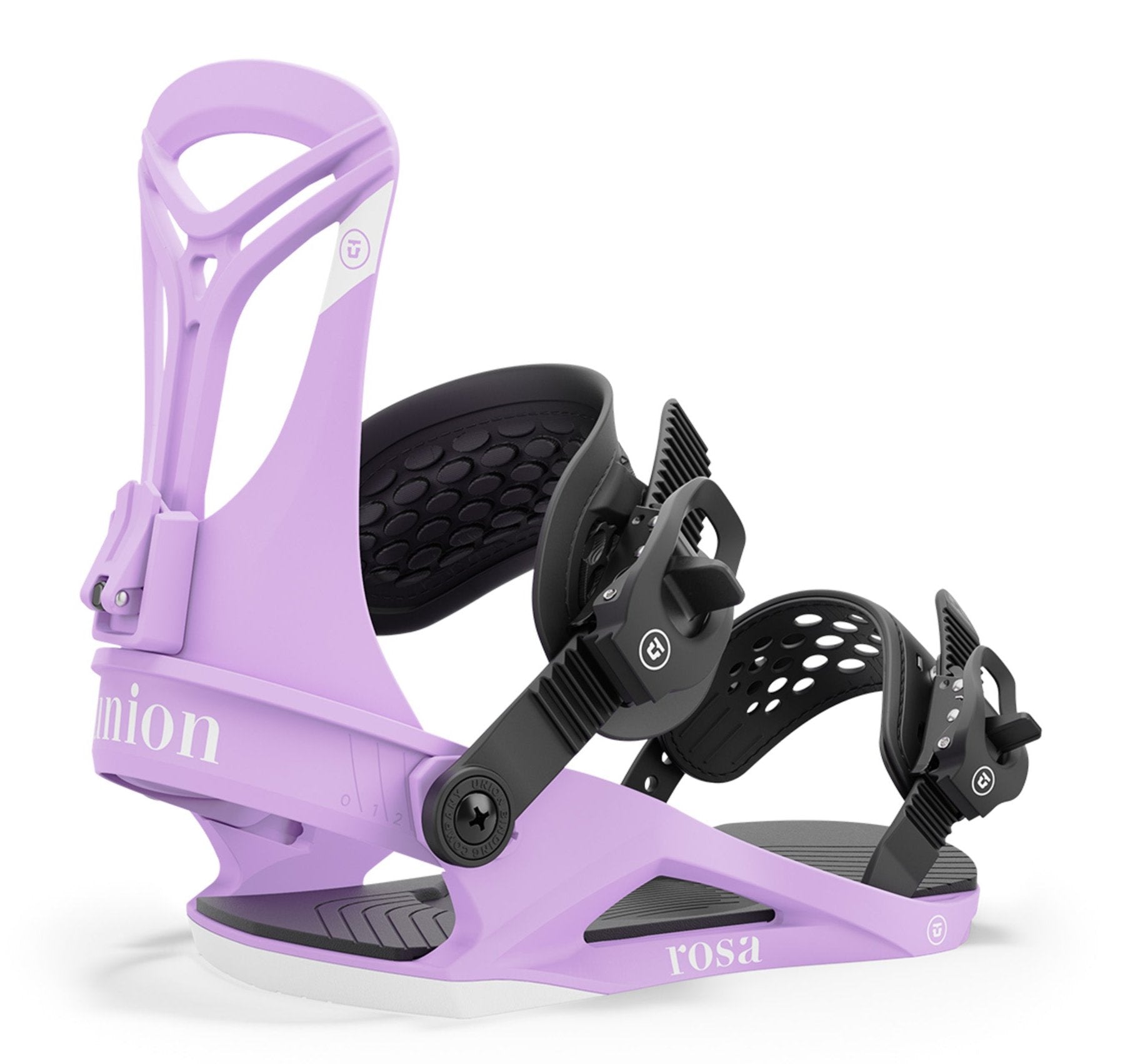 Union Women's Rosa Snowboard Bindings - A pair of snowboard bindings with a light purple base and black straps, featuring a distinctive "U" logo on the strap buckles.