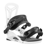 Union Women's Rosa Snowboard Bindings - A black snowboard binding with a white baseplate and straps, featuring a textured pattern on the strap buckles.