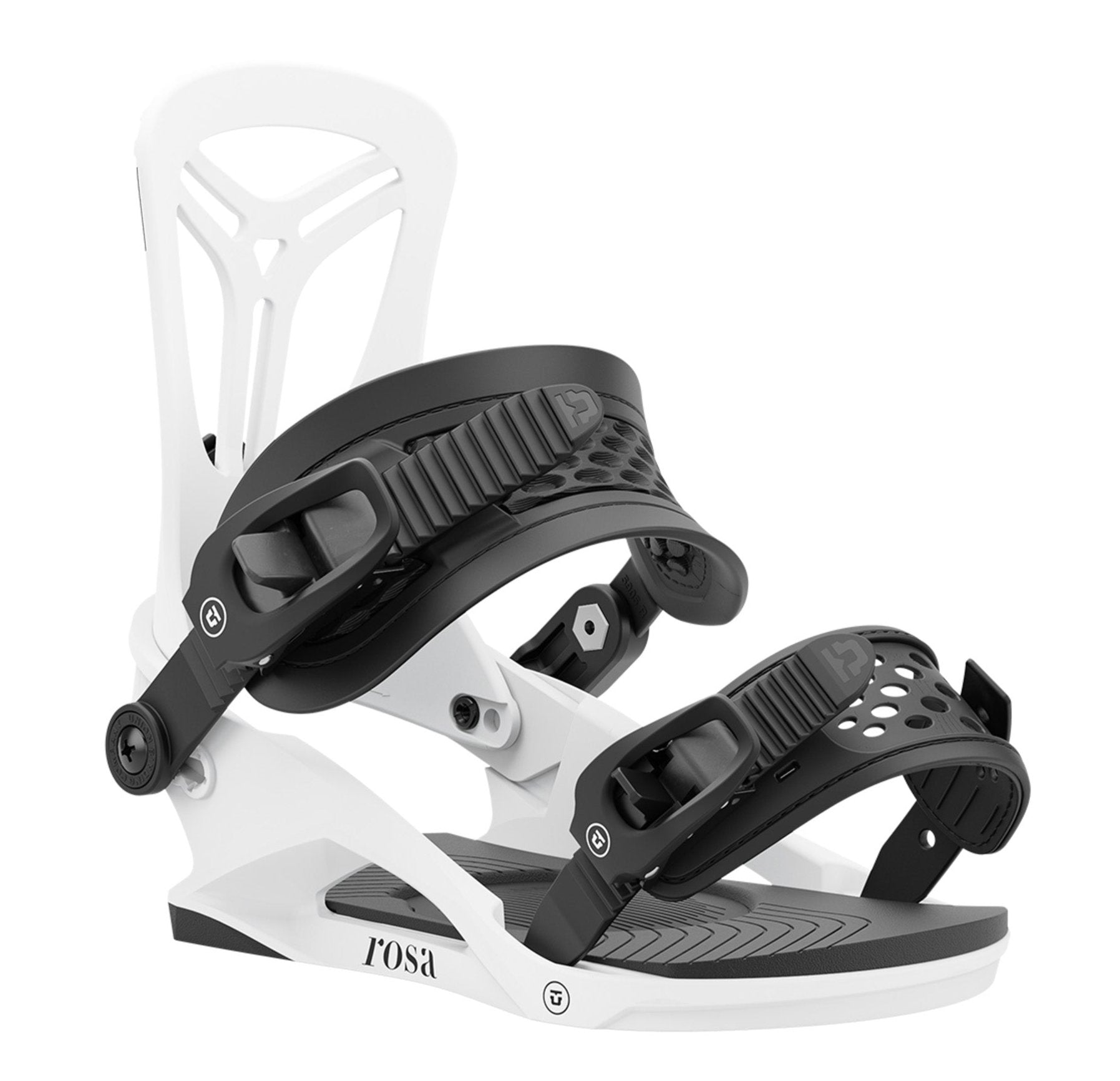 Union Women's Rosa Snowboard Bindings - A black snowboard binding with a white baseplate and straps, featuring a textured pattern on the strap buckles.