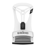 Union Women's Rosa Snowboard Bindings - A white snowboard binding with a black strap and buckle, featuring a textured gray footbed.