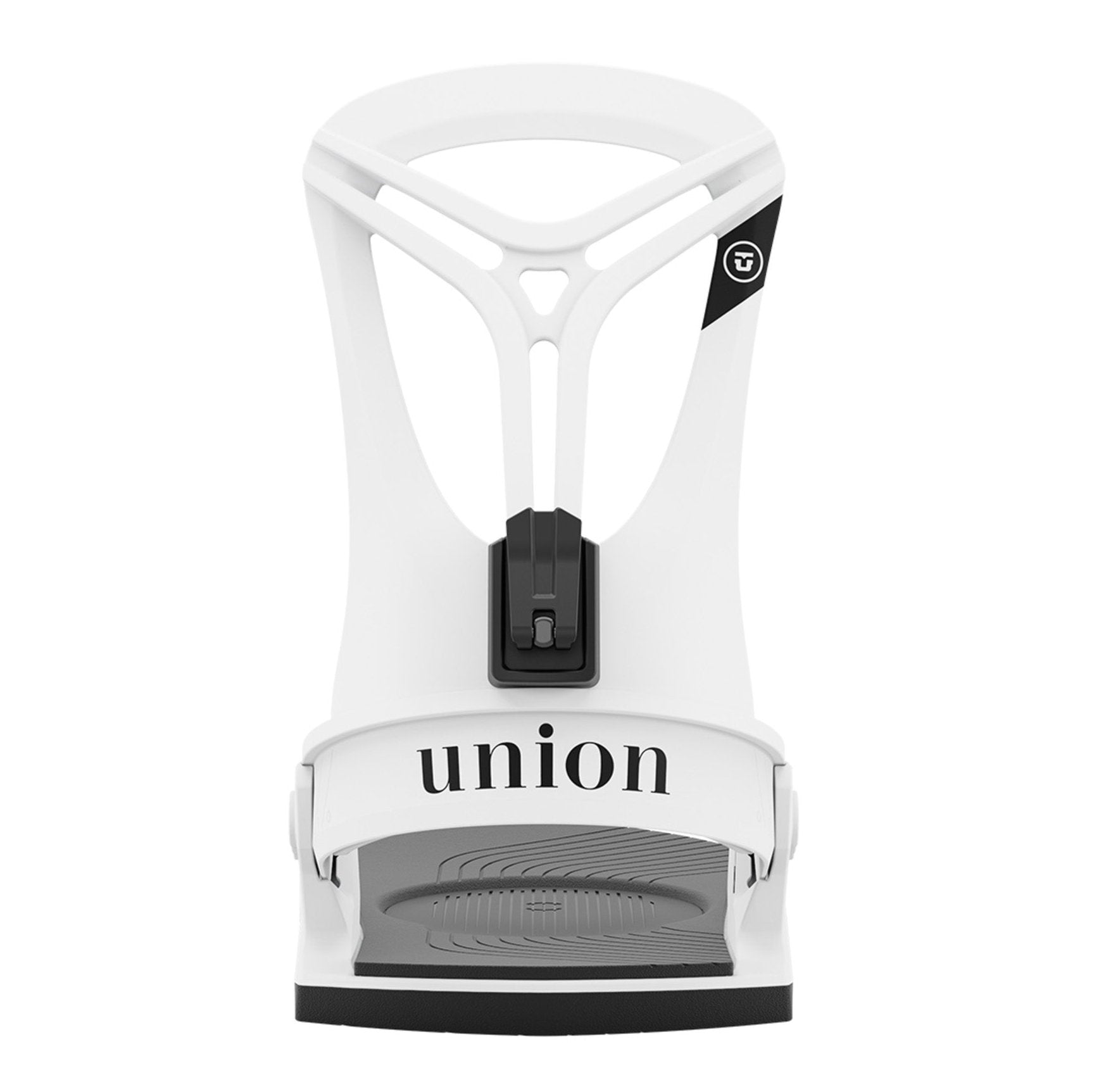 Union Women's Rosa Snowboard Bindings - A white snowboard binding with a black strap and buckle, featuring a textured gray footbed.