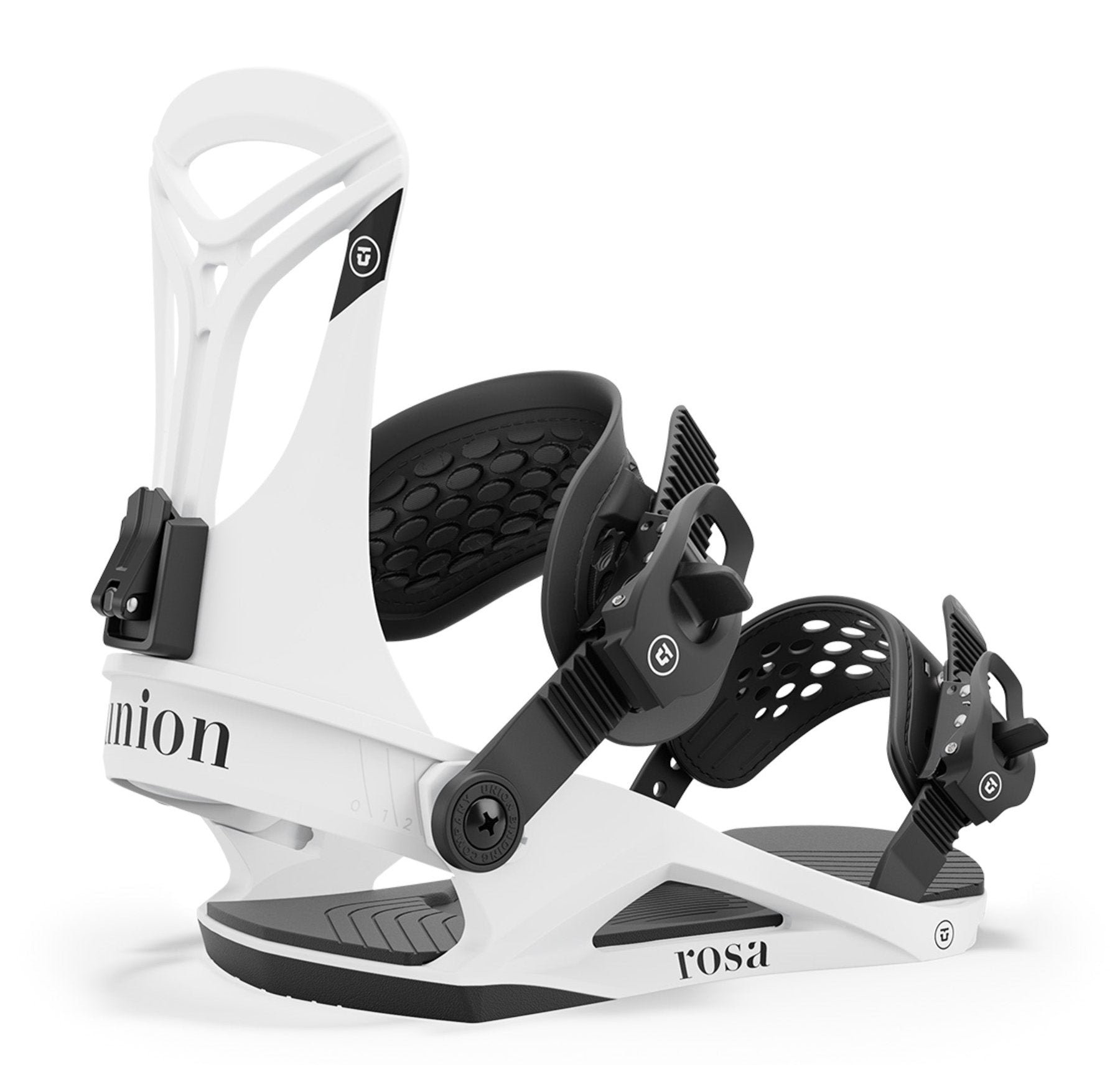 Union Women's Rosa Snowboard Bindings - A white snowboard binding with black straps and buckles, featuring a textured pattern on the strap.
