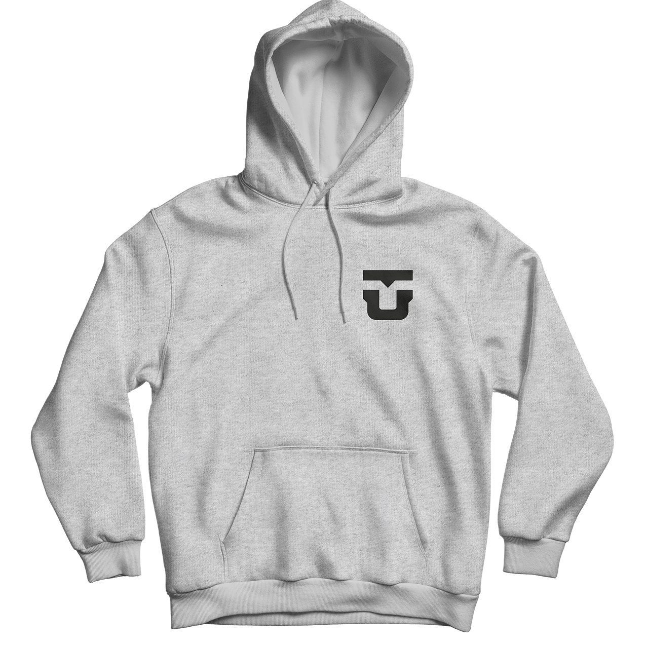 Heather gray pullover hoodie with logo on chest, drawstring hood, kangaroo pocket.