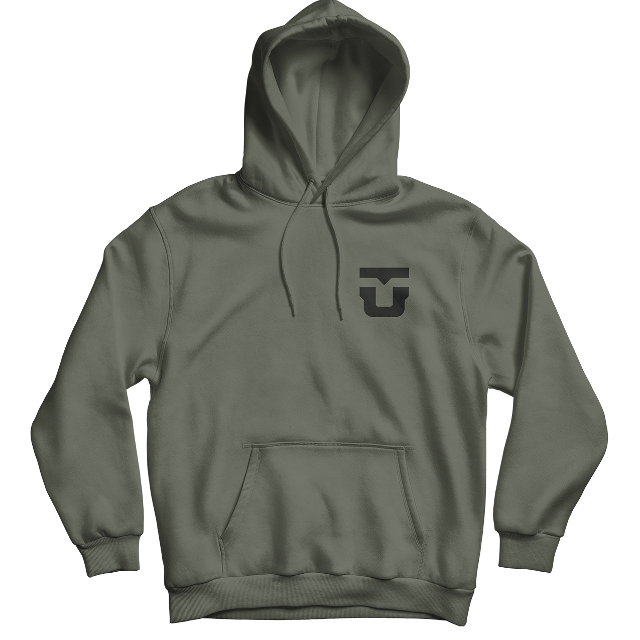 Olive pullover hoodie with adjustable drawstring hood and front kangaroo pocket.