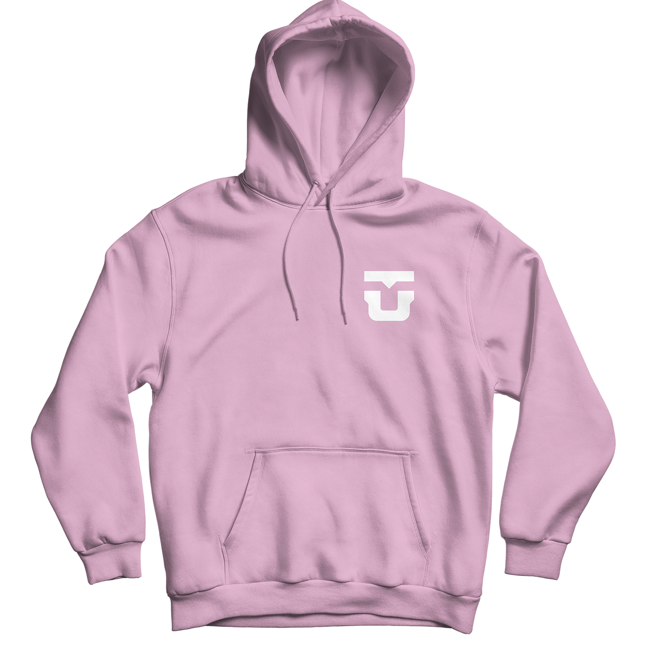 Light pink pullover hoodie with logo chest detail, drawstring hood, kangaroo pocket.