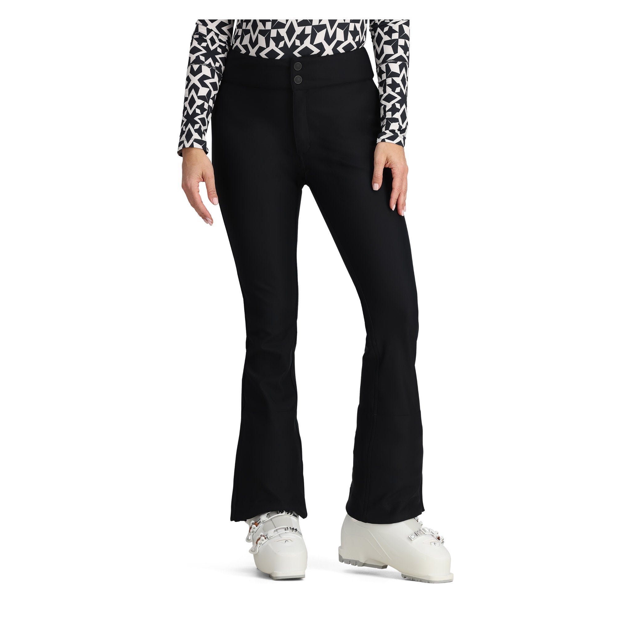 Obermeyer Women's Bond Softshell Pant 2025 - Black softshell pants with a subtle geometric pattern on the waistband and cuffs.