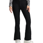 Black women's softshell ski pants with button waist and straight legs