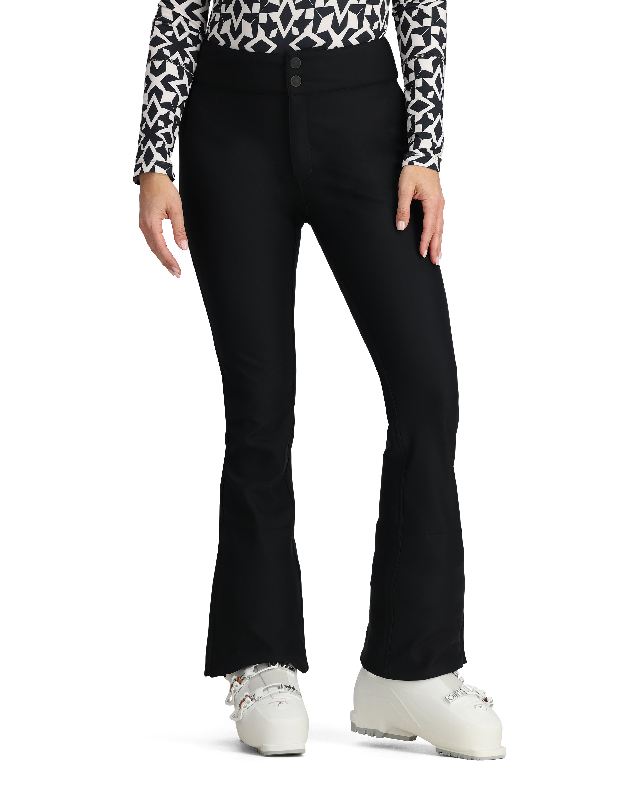 Black women's softshell ski pants with button waist and straight legs