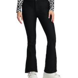 Black softshell pants with snap button waist and flared boot-cut leg openings