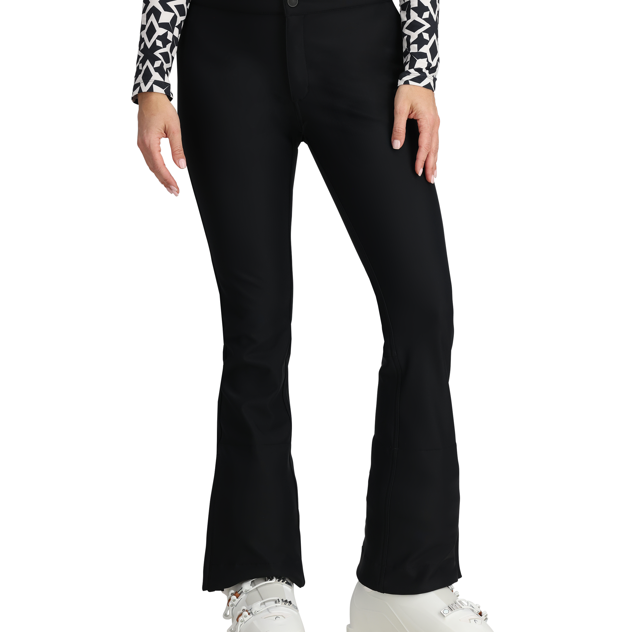 Black softshell pants with snap button waist and flared boot-cut leg openings