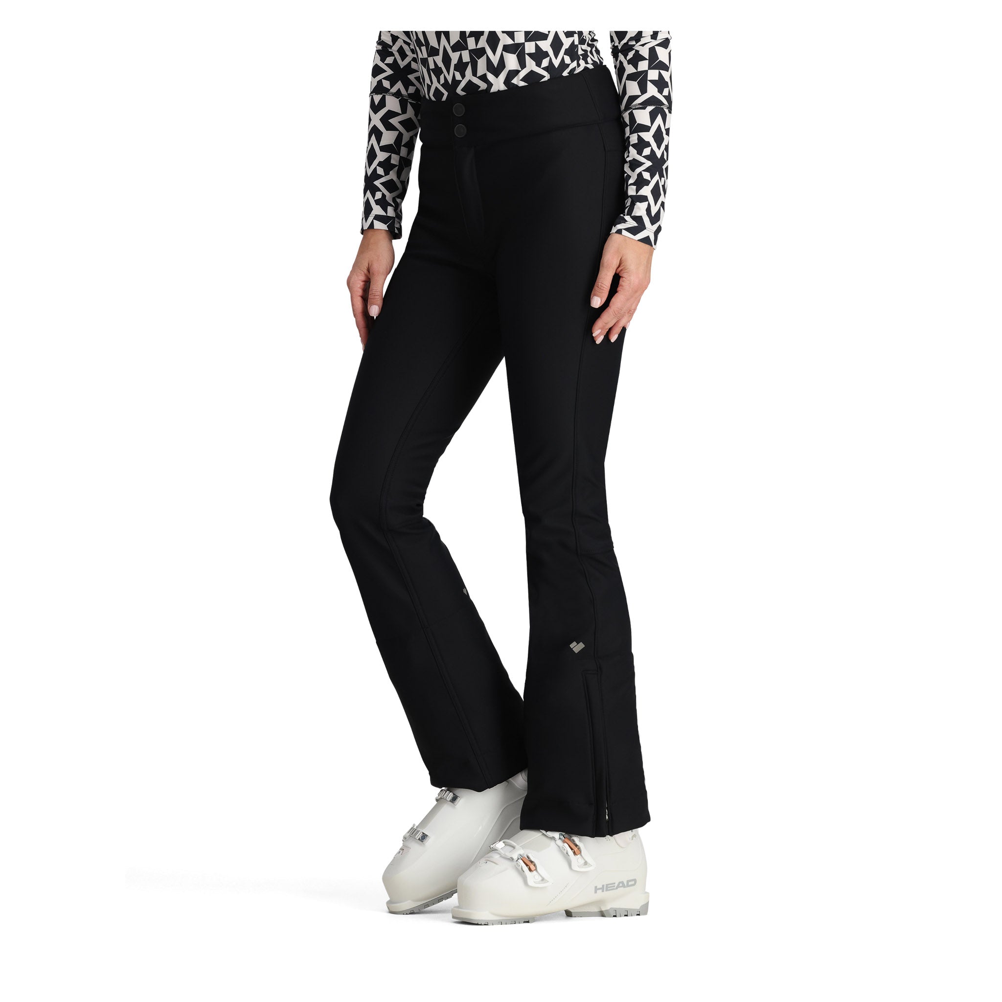 Obermeyer Women's Bond Softshell Pant 2025 - Black softshell pants with a subtle geometric pattern on the upper thigh area.