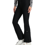 Black women's softshell ski pants, slim fit with slight flare at hem