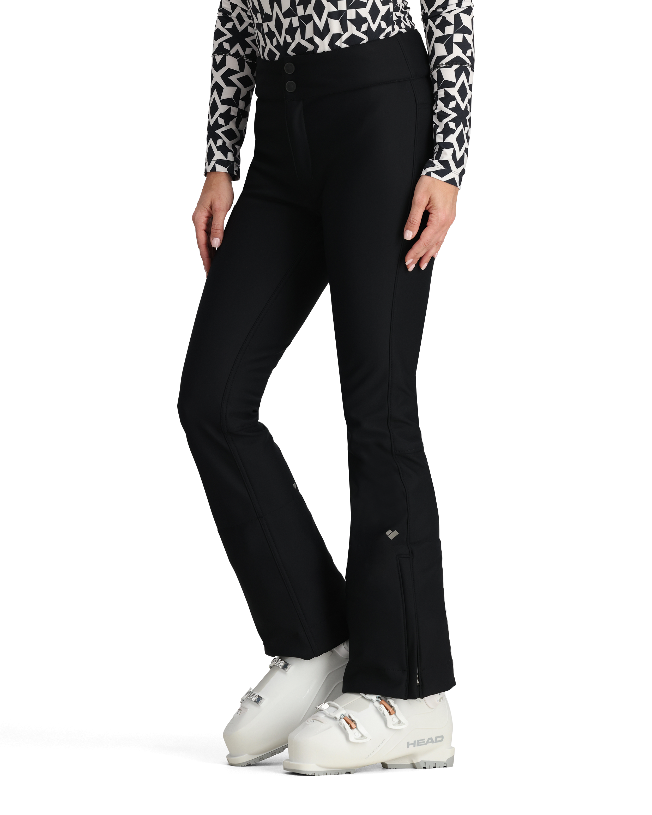 Black women's softshell ski pants, slim fit with slight flare at hem