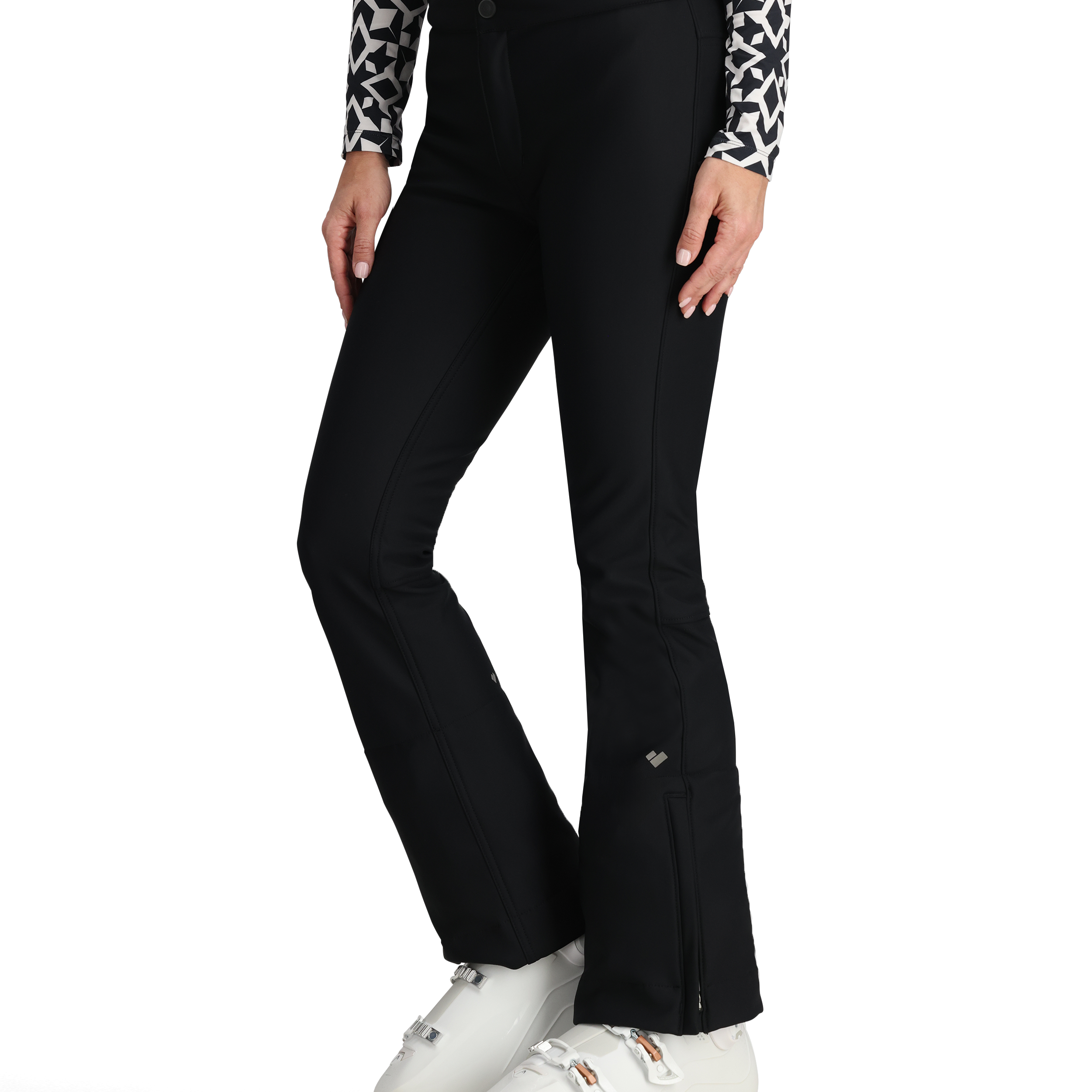 Black tall ski pants with side seams and subtle logo at lower leg