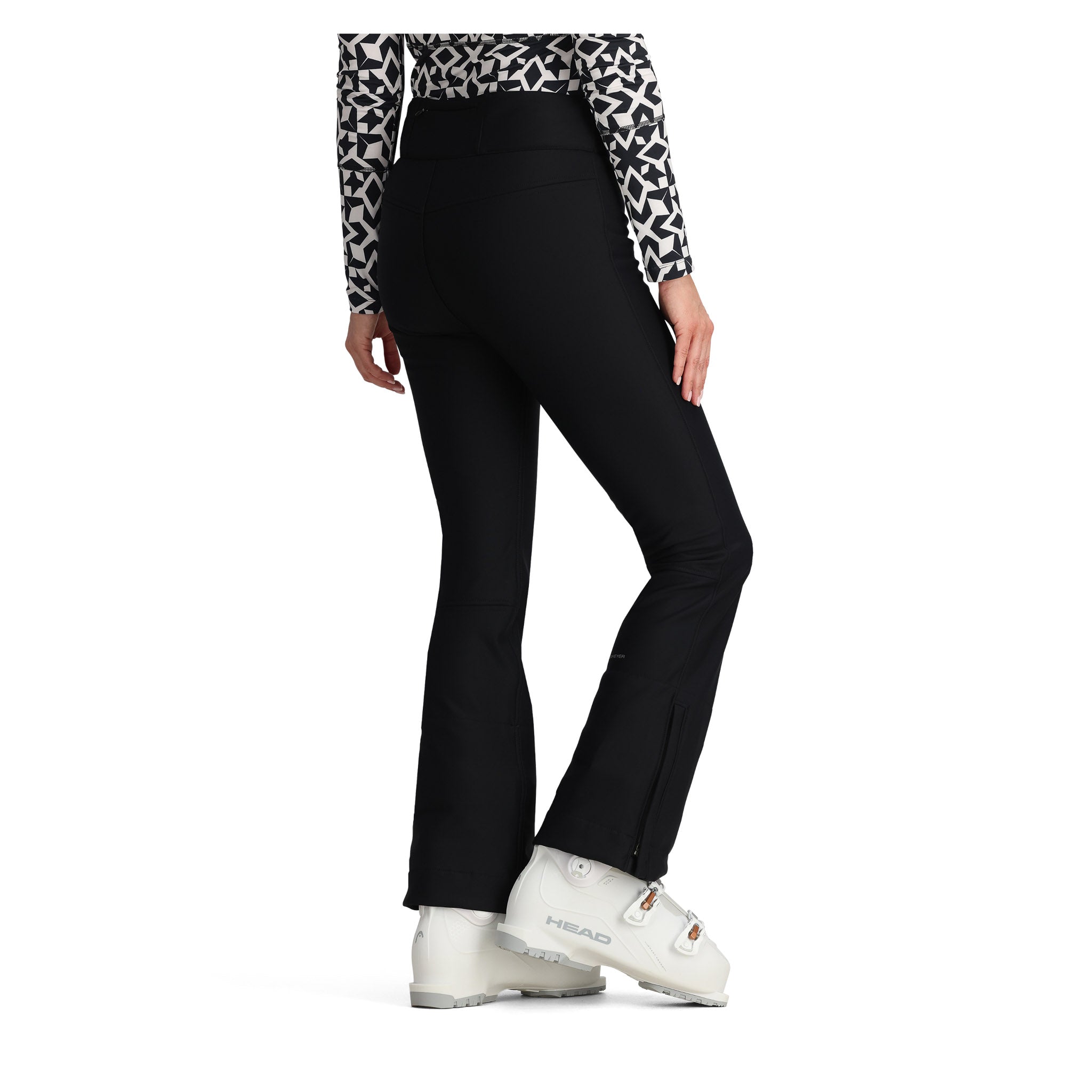 Obermeyer Women's Bond Softshell Pant 2025 - Black snow pants with a geometric pattern on the waistband and side pockets.