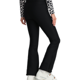 Black women's softshell ski pants with front seam details and flared cuffs