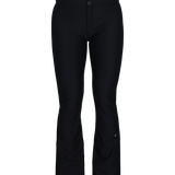 Black women's softshell ski pants, full front view with button closure